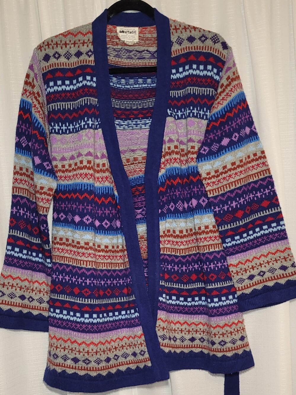 Vintage-Style Montages  Multicolor Open Cardigan Sweater - Blue Trim